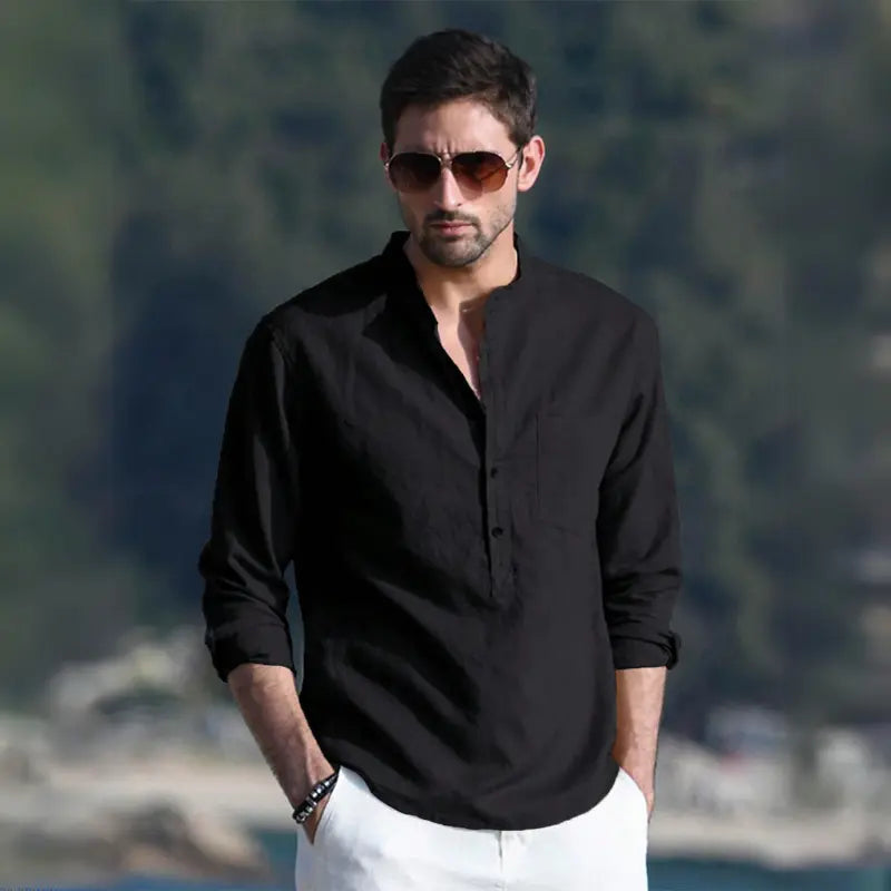 Camisa de Lino Cuello Mao Manga Larga para Hombre Enzo Stefano Romano®