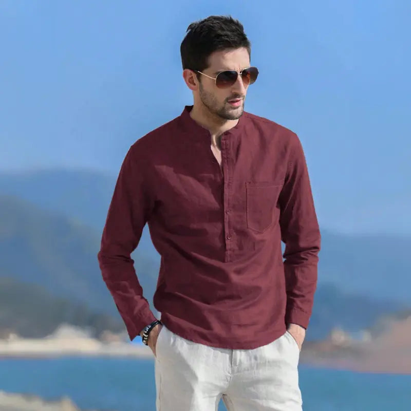 Camisa de Lino Cuello Mao Manga Larga para Hombre Enzo Stefano Romano®