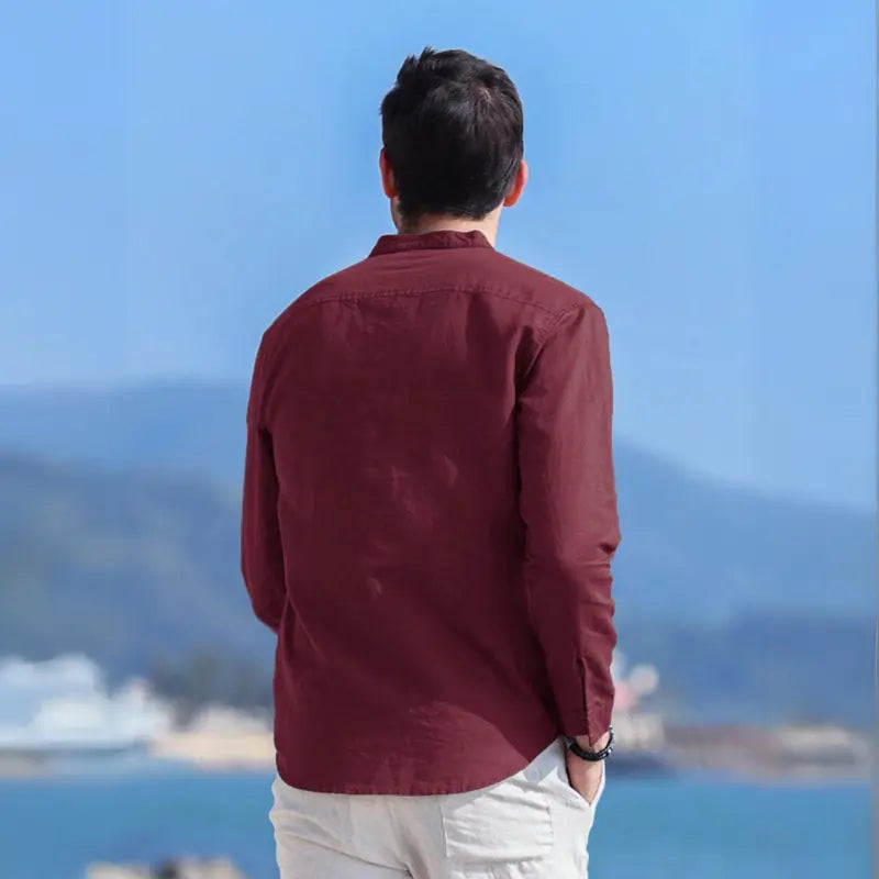 Camisa de Lino Cuello Mao Manga Larga para Hombre Enzo Stefano Romano®