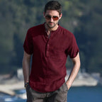 Camisa de Lino Cuello Mao Manga Corta para Hombre Stefano Romano®