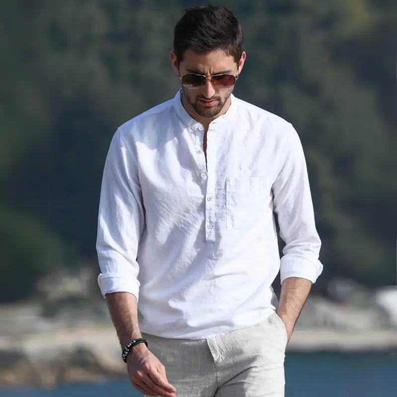 Camisa de Lino Cuello Mao Manga Larga para Hombre Enzo Stefano Romano®