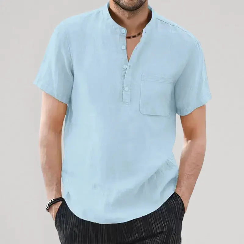Camisa de Lino Cuello Mao Manga Corta para Hombre Stefano Romano®