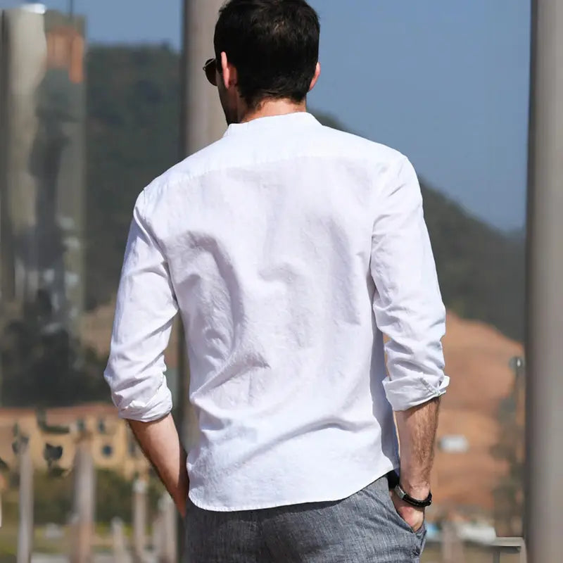 Camisa de Lino Cuello Mao Manga Larga para Hombre Enzo Stefano Romano®