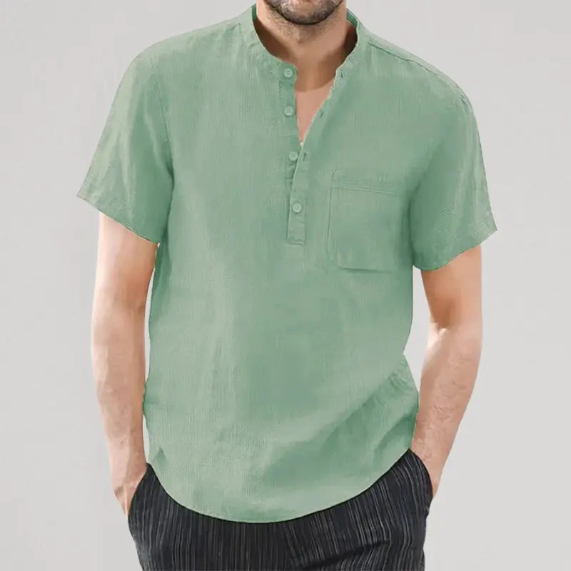 Camisa de Lino Cuello Mao Manga Corta para Hombre Stefano Romano®
