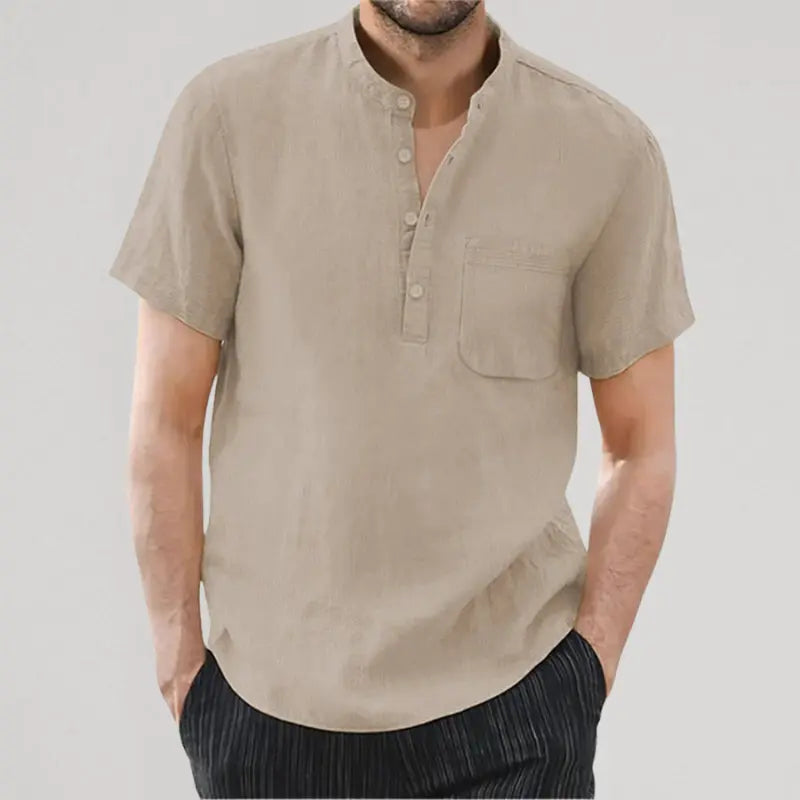 Camisa de Lino Cuello Mao Manga Corta para Hombre Stefano Romano®