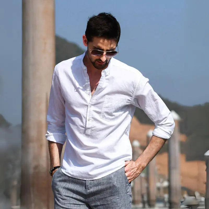 Camisa de Lino Cuello Mao Manga Larga para Hombre Enzo Stefano Romano®