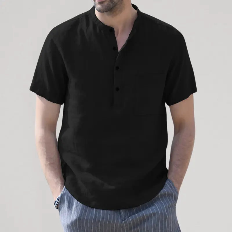 Camisa de Lino Cuello Mao Manga Corta para Hombre Stefano Romano®
