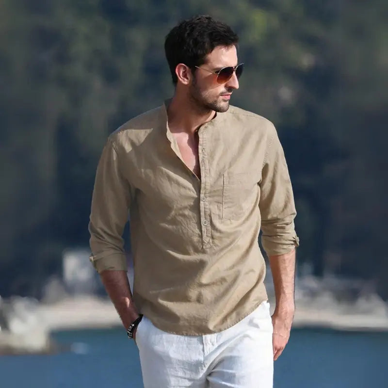 Camisa de Lino Cuello Mao Manga Larga para Hombre Enzo Stefano Romano®