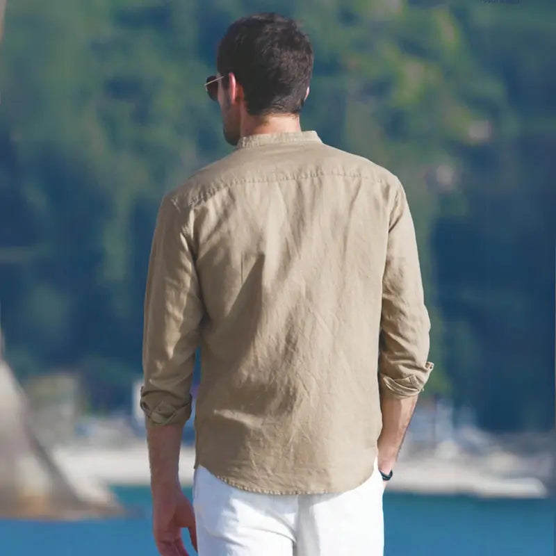 Camisa de Lino Cuello Mao Manga Larga para Hombre Enzo Stefano Romano®