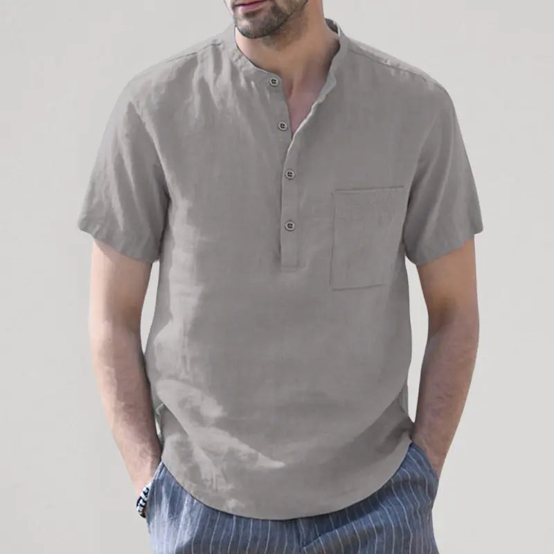Camisa de Lino Cuello Mao Manga Corta para Hombre Stefano Romano®