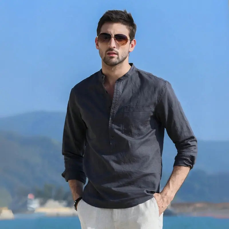 Camisa de Lino Cuello Mao Manga Larga para Hombre Enzo Stefano Romano®