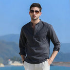 Camisa de Lino Cuello Mao Manga Larga para Hombre Enzo Stefano Romano®