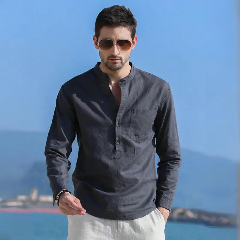 Camisa de Lino Cuello Mao Manga Larga para Hombre Enzo Stefano Romano®