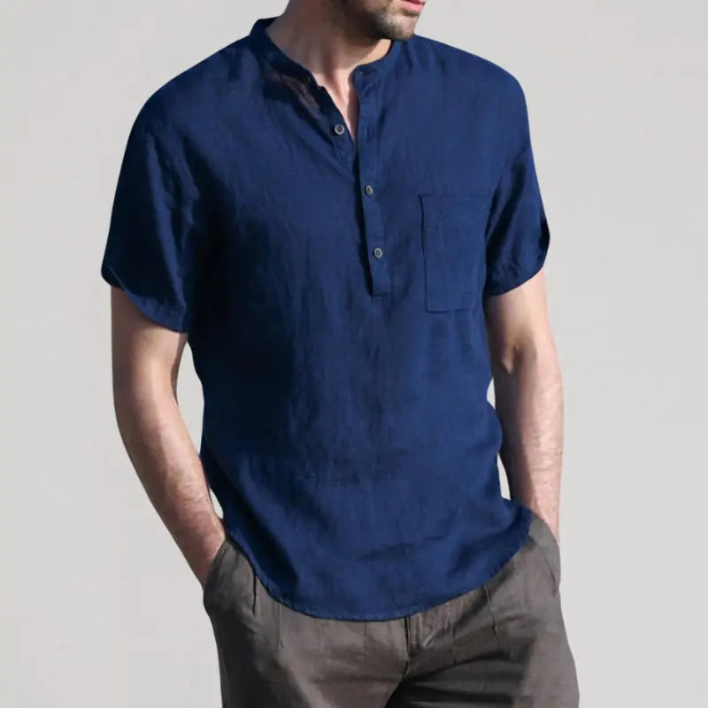 Camisa de Lino Cuello Mao Manga Corta para Hombre Stefano Romano®