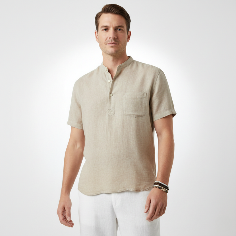 Camisa de Manga Corta de Lino Cuello Mao para Hombre Stefano Romano®