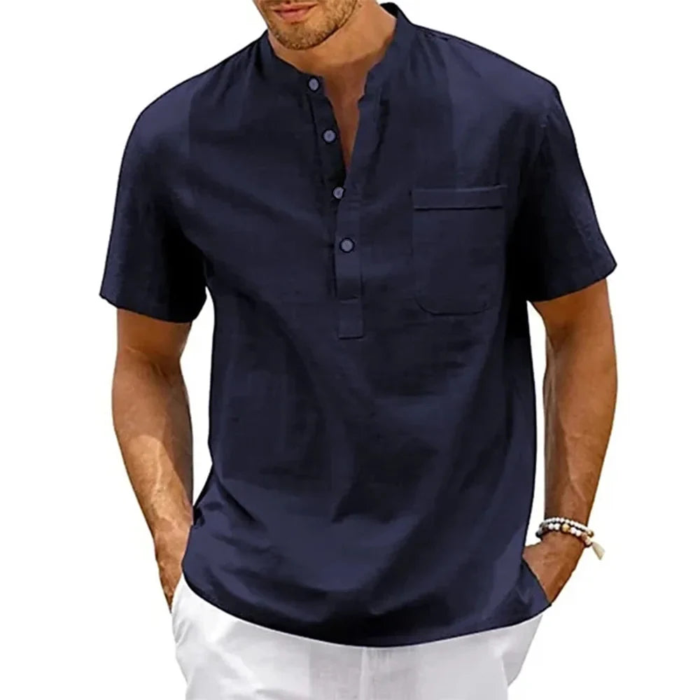 Camisa de Manga Corta de Lino Cuello Mao para Hombre Stefano Romano®