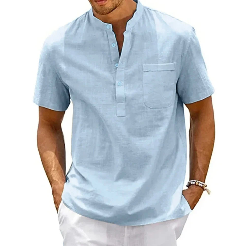 Camisa de Manga Corta de Lino Cuello Mao para Hombre Stefano Romano®