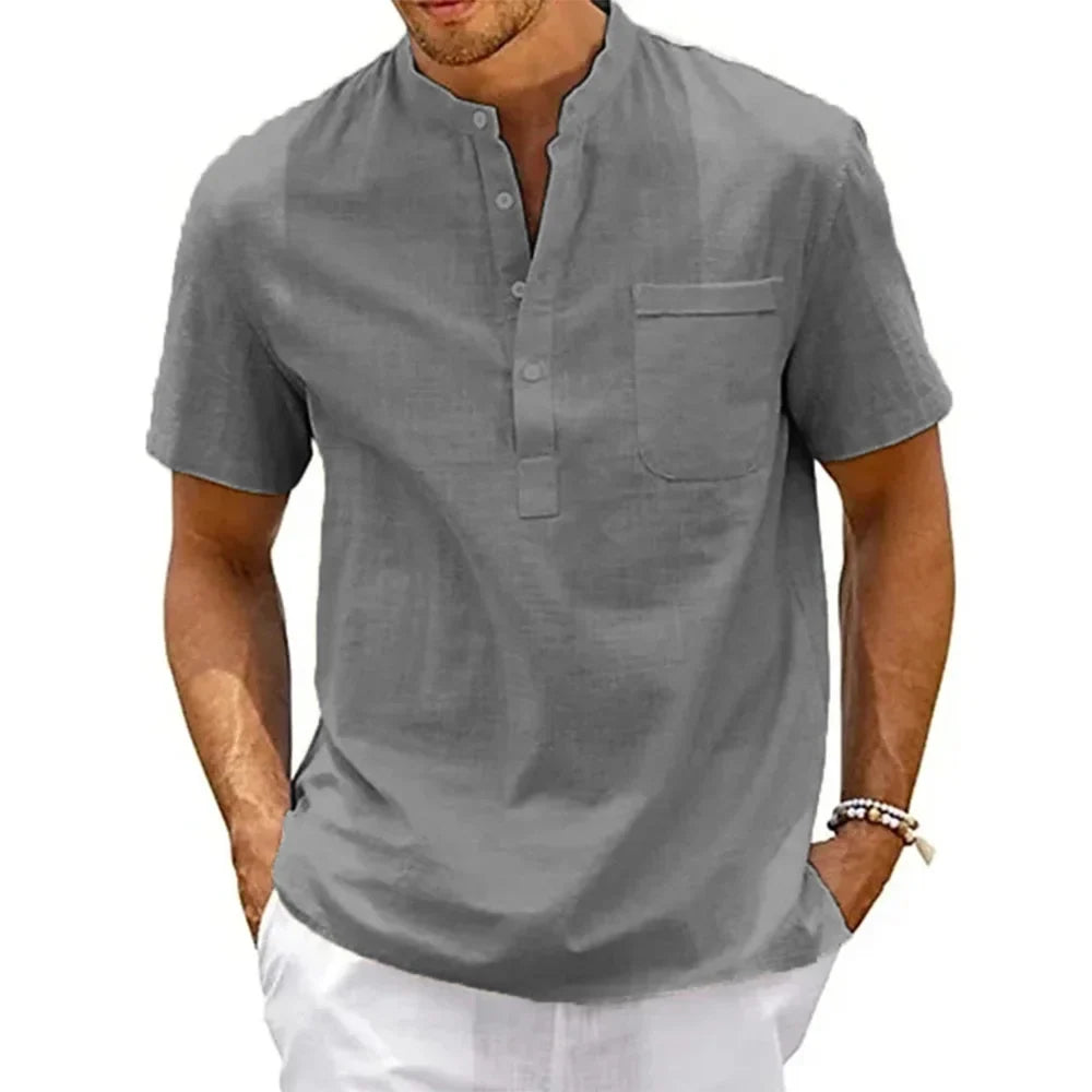 Camisa de Manga Corta de Lino Cuello Mao para Hombre Stefano Romano®