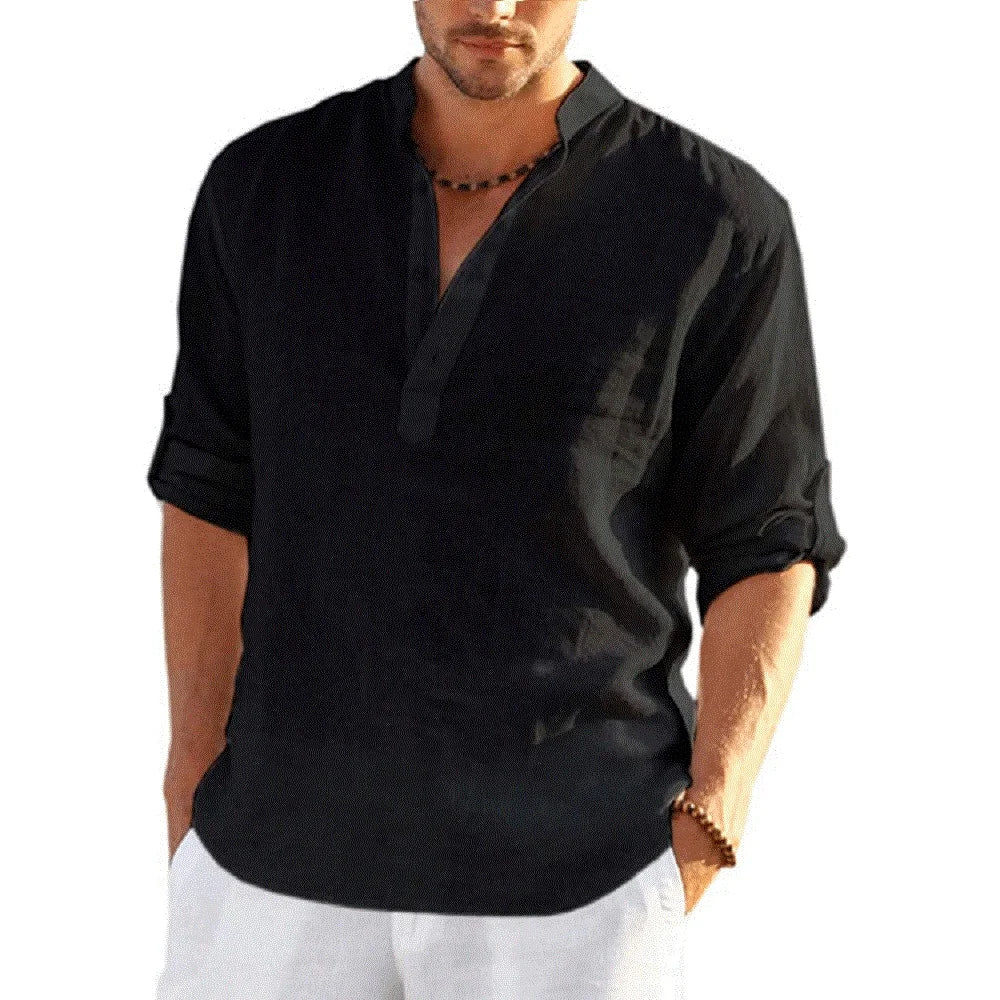 Camisa de Lino Cuello Mao Manga Larga para Hombre Marco Stefano Romano®