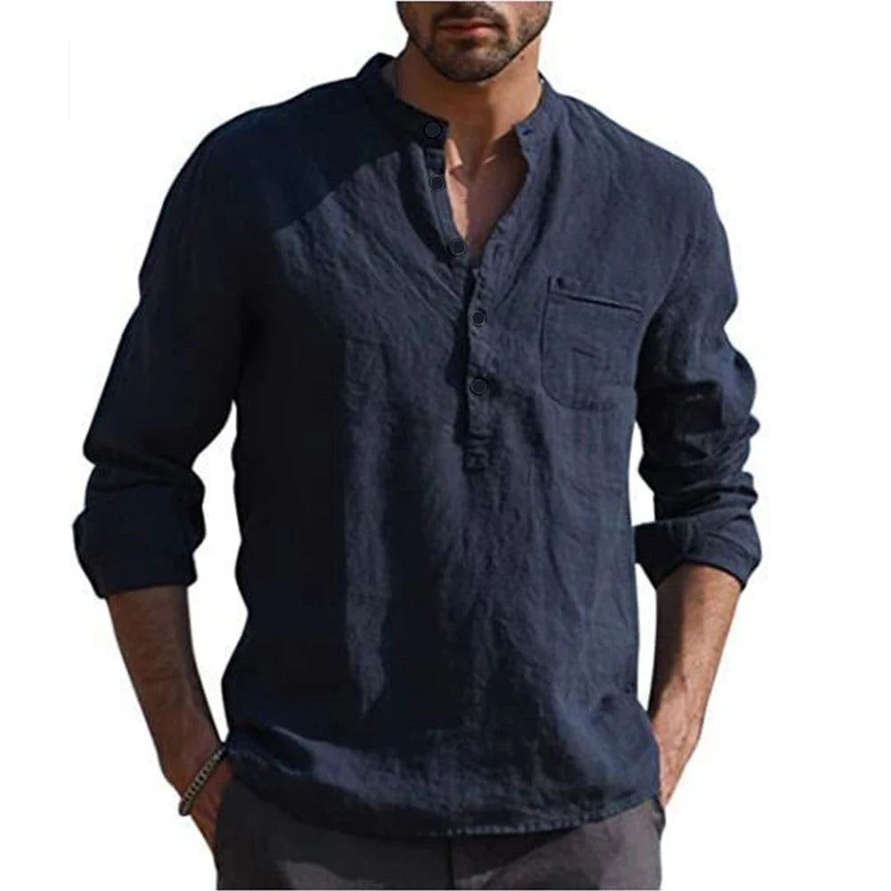 Camisa de Lino Cuello Mao Manga Larga para Hombre Alessandro Stefano Romano®