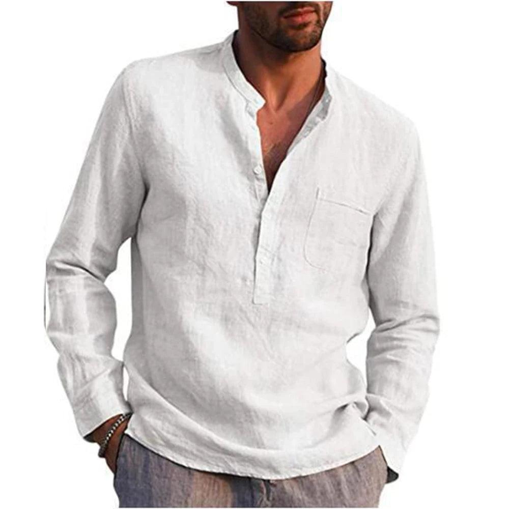 Camisa de Lino Cuello Mao Manga Larga para Hombre Alessandro Stefano Romano®