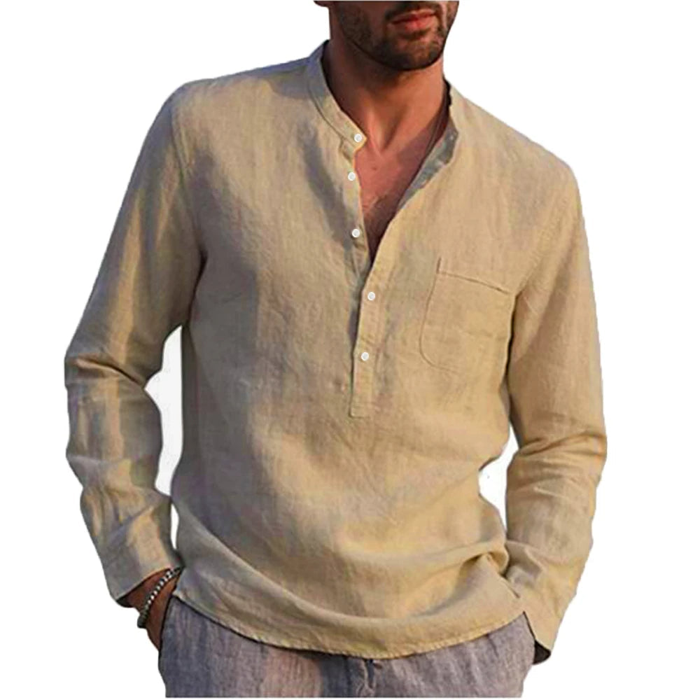 Camisa de Lino Cuello Mao Manga Larga para Hombre Alessandro Stefano Romano®