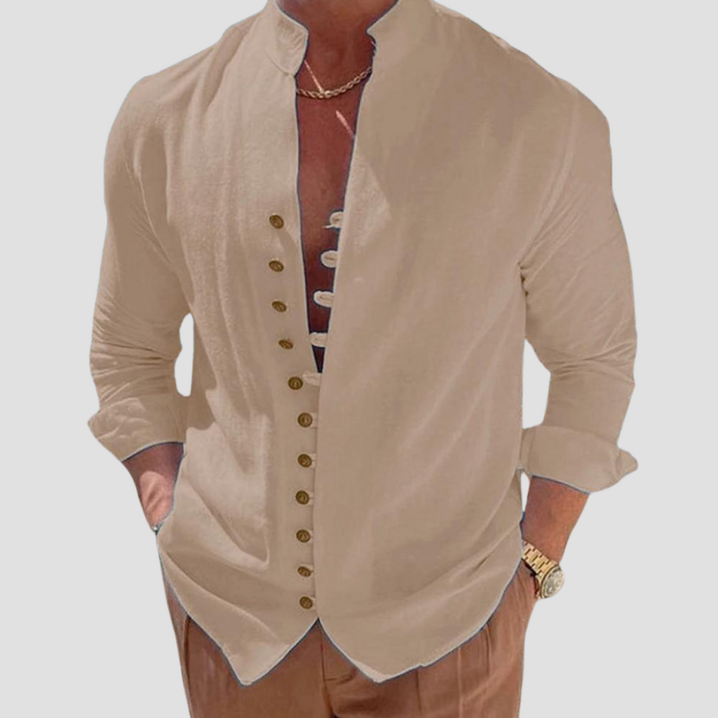 Camisa de Lino Cuello Polo Manga Larga para Hombre Alessandro Stefano Romano®