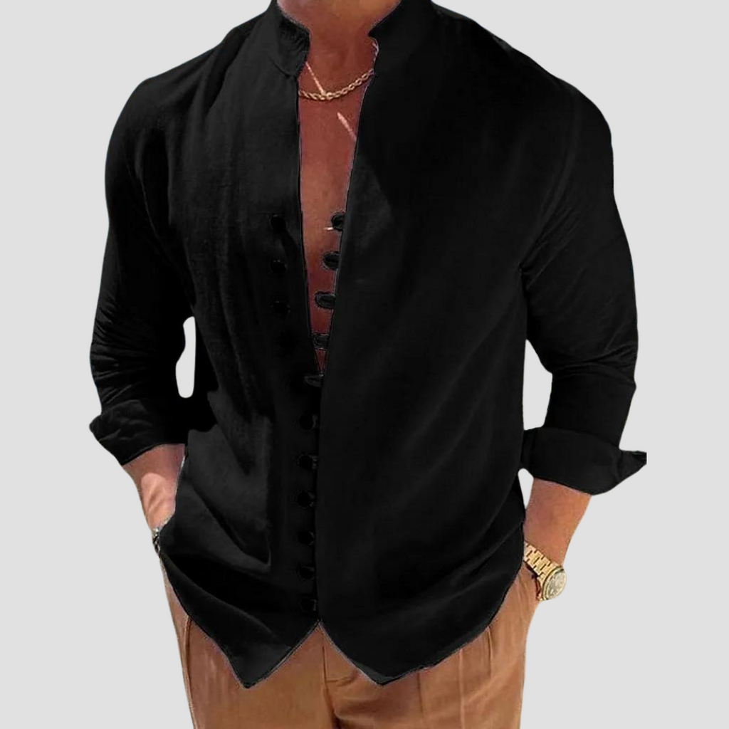 Camisa de Lino Cuello Polo Manga Larga para Hombre Alessandro Stefano Romano®