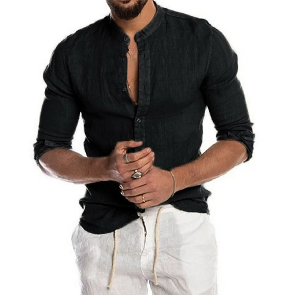 Camisa de Lino Cuello Mao Manga Larga para Hombre Luca Stefano Romano®