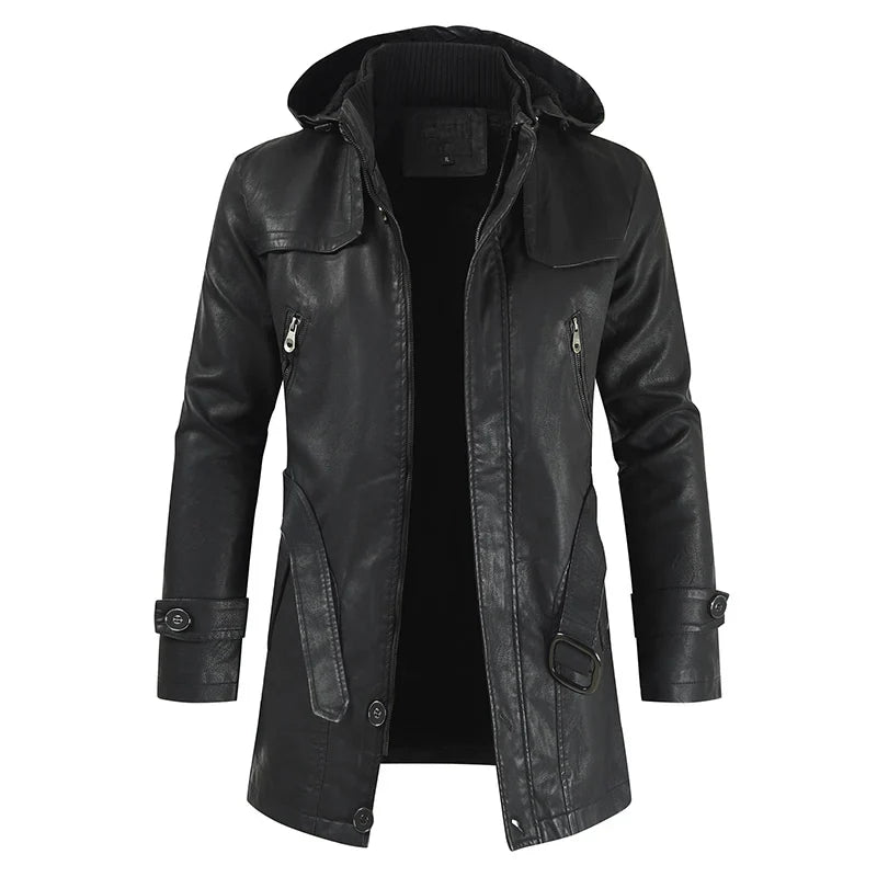 Chamarra Larga de Cuero con Capucha para Hombre Stefano Romano®
