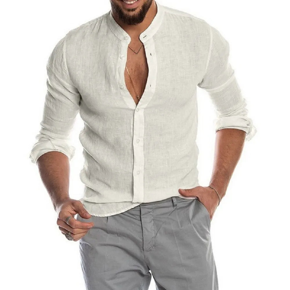 Camisa de Lino Cuello Mao Manga Larga para Hombre Luca Stefano Romano®