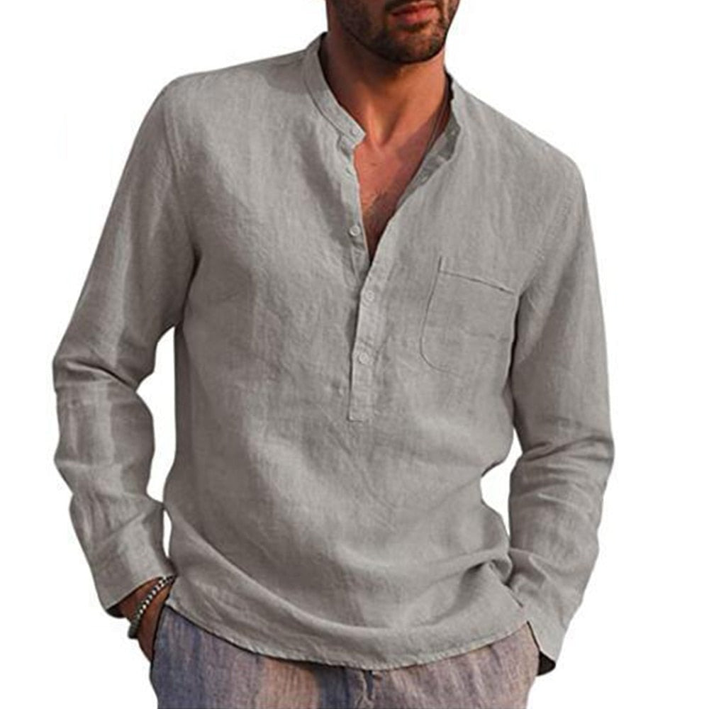 Camisa de Lino Cuello Mao Manga Larga para Hombre Enzo Stefano Romano®