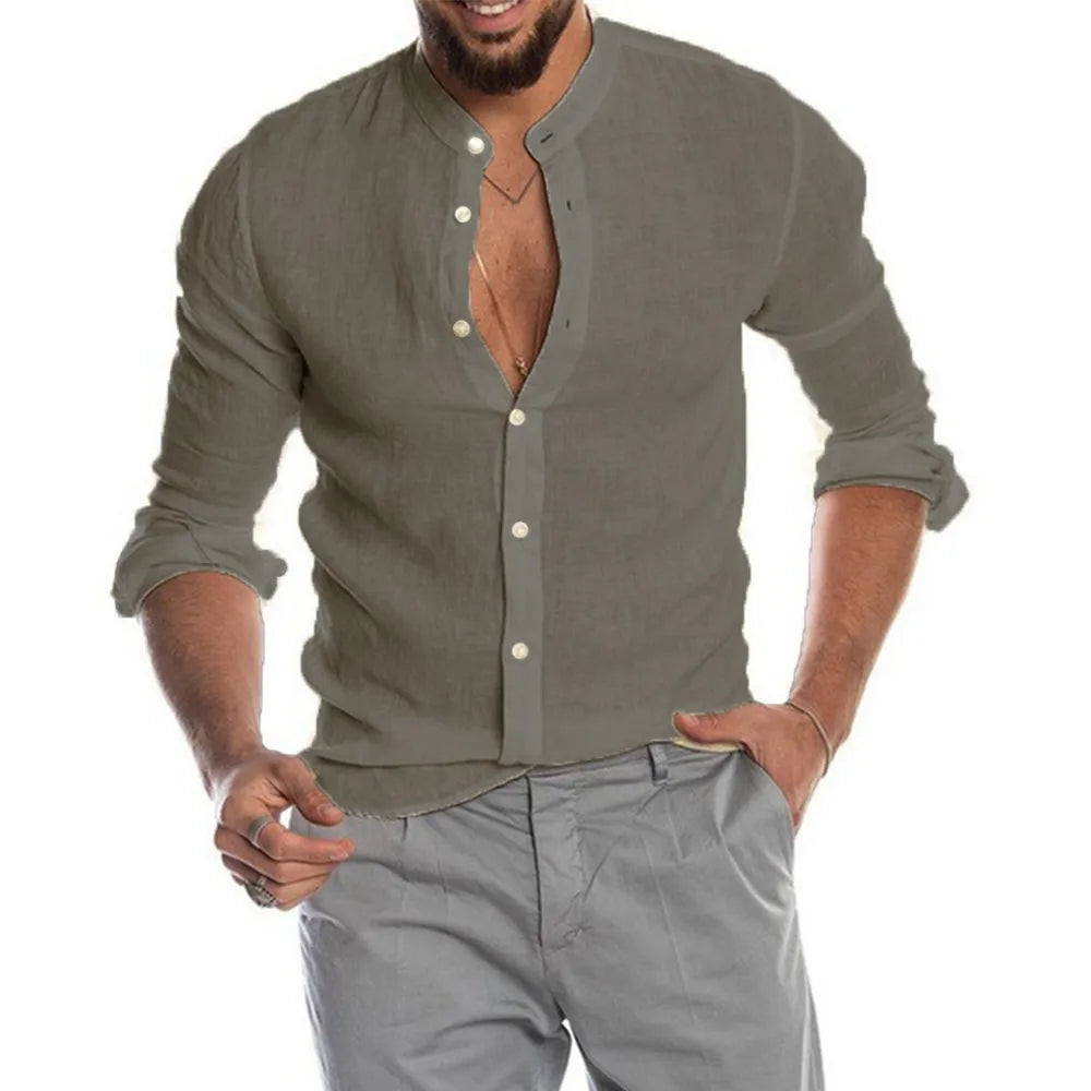 Camisa de Lino Cuello Mao Manga Larga para Hombre Luca Stefano Romano®