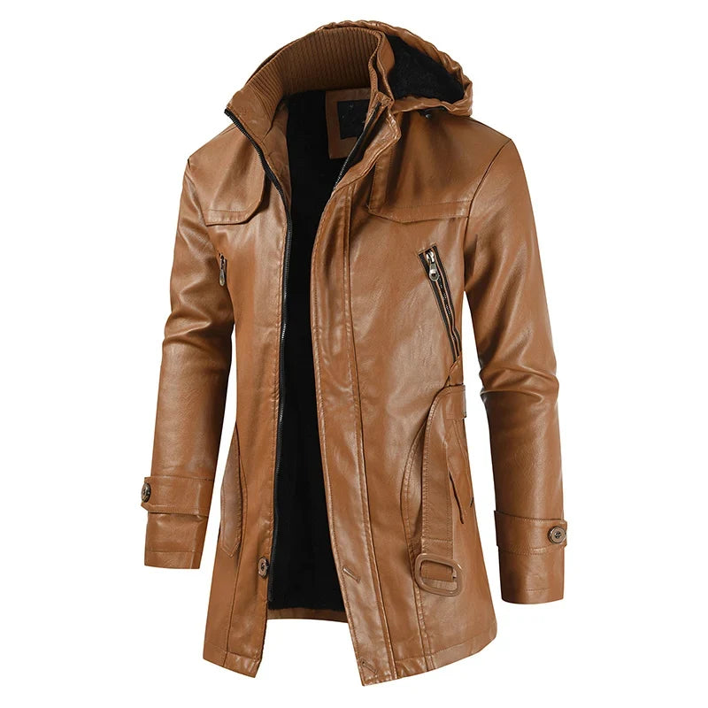 Chamarra Larga de Cuero con Capucha para Hombre Stefano Romano®