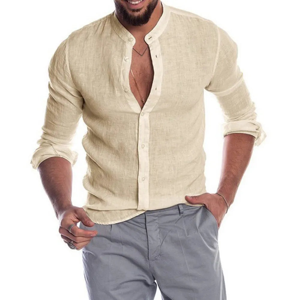 Camisa de Lino Cuello Mao Manga Larga para Hombre Luca Stefano Romano®