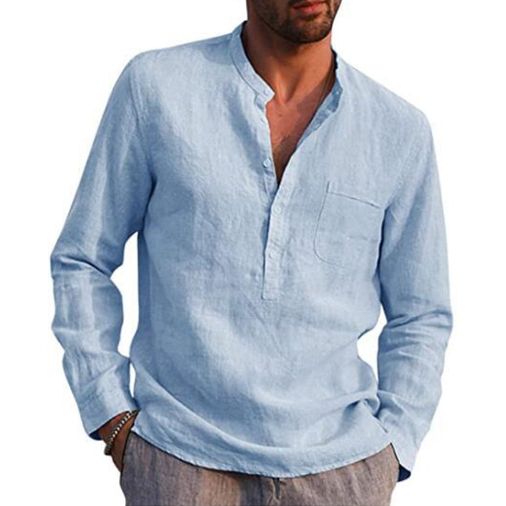 Camisa de Lino Cuello Mao Manga Larga para Hombre Enzo Stefano Romano®