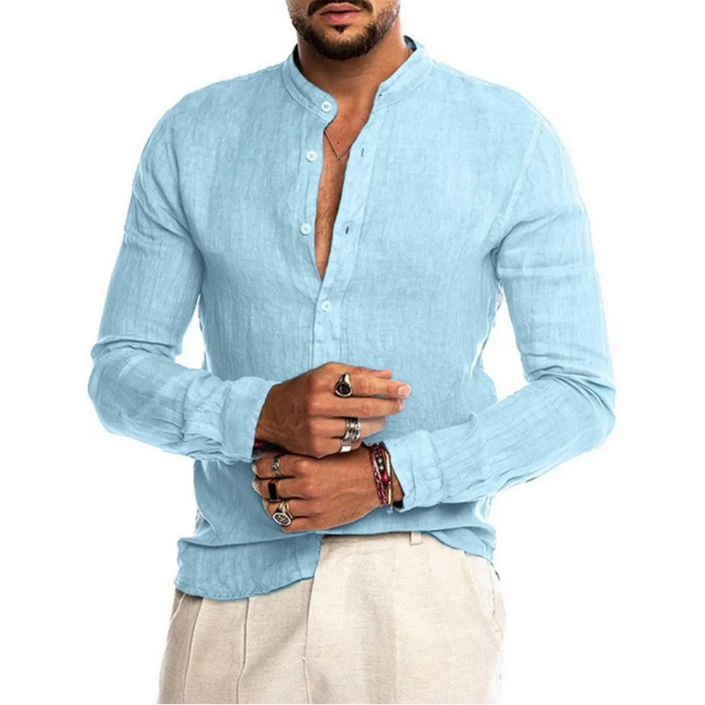 Camisa de Lino Cuello Mao Manga Larga para Hombre Luca Stefano Romano®